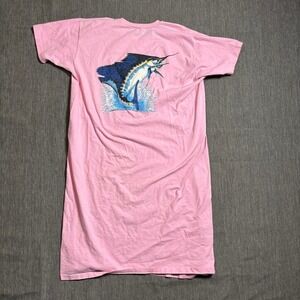 Pink vintage 1989 fishing dress with swordfish graphic on the back
